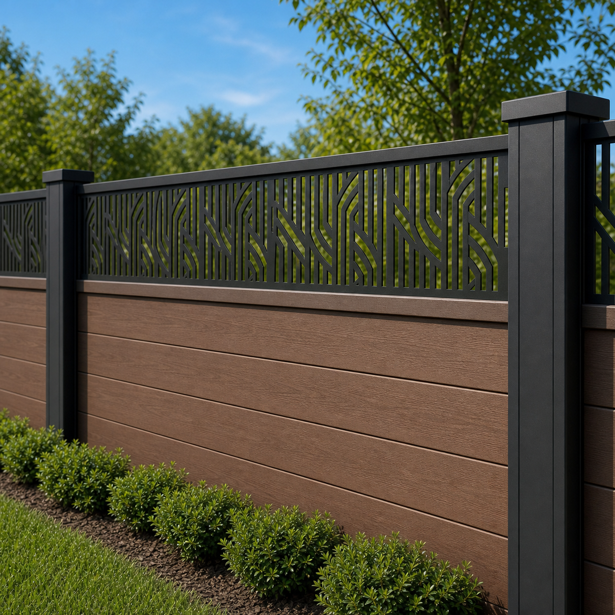 Minimal Wave Stripe laser cut fence extension panel installed on composite fence, angle view, Design 099