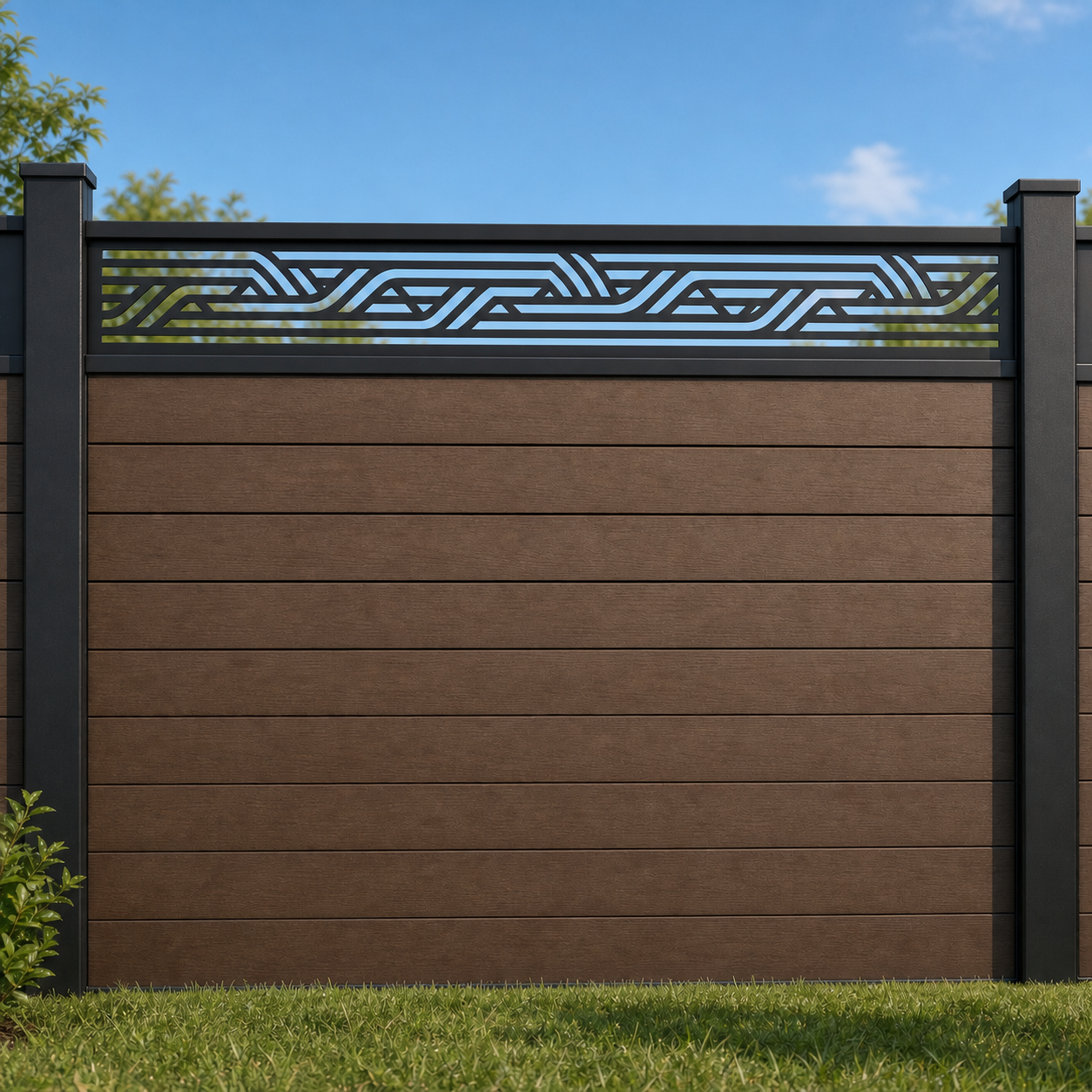 Minimal Wave Stripe metal fence topper installed above WPC composite privacy fence, front view, Design 099