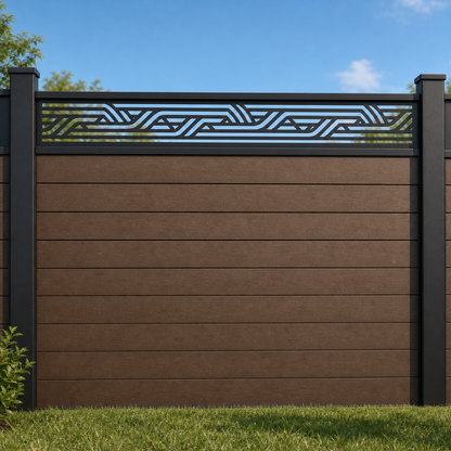 Minimal Wave Stripe metal fence topper installed above WPC composite privacy fence, front view, Design 099