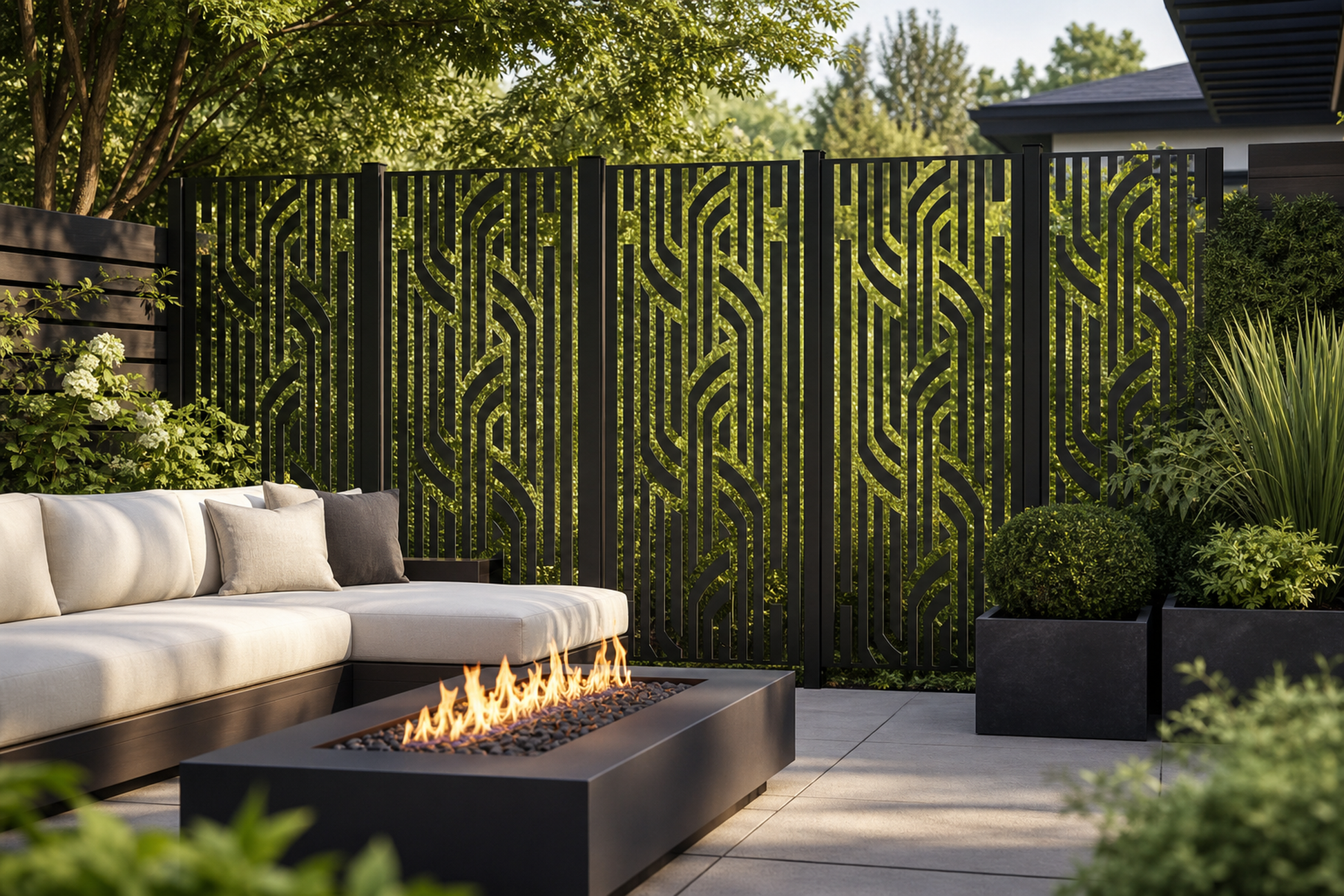 Design 099 Modern Ribbon Lines Laser Cut Metal Privacy Screen Panel installed garden daylight view