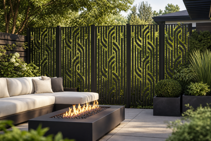 Design 099 Modern Ribbon Lines Laser Cut Metal Privacy Screen Panel installed garden daylight view