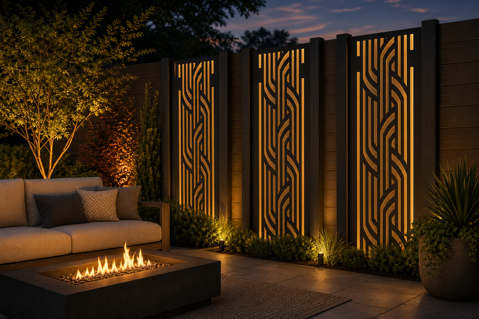 Design 099 Modern Ribbon Lines Laser Cut Metal Privacy Screen Panel installed garden night lighting view