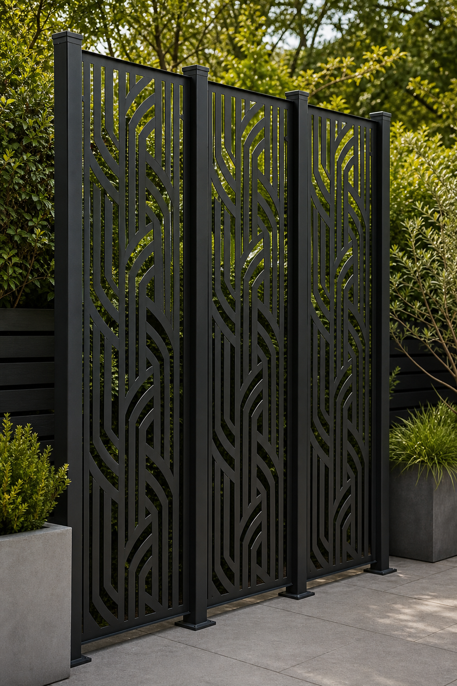 Design 099 Modern Ribbon Lines Laser Cut Metal Privacy Screen Panel oblique angle view