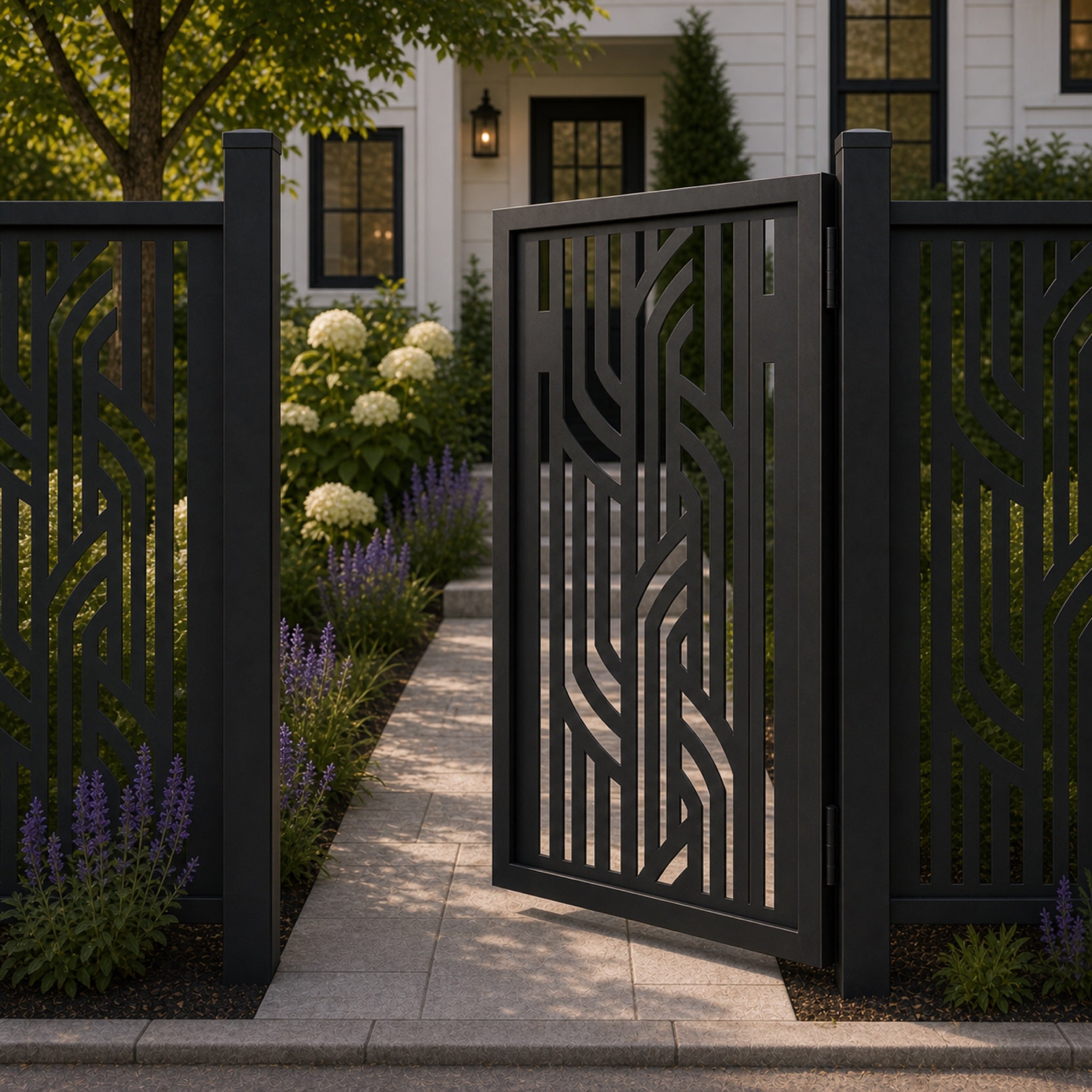 Design 099 vertical linear geometric black aluminium side gate open view