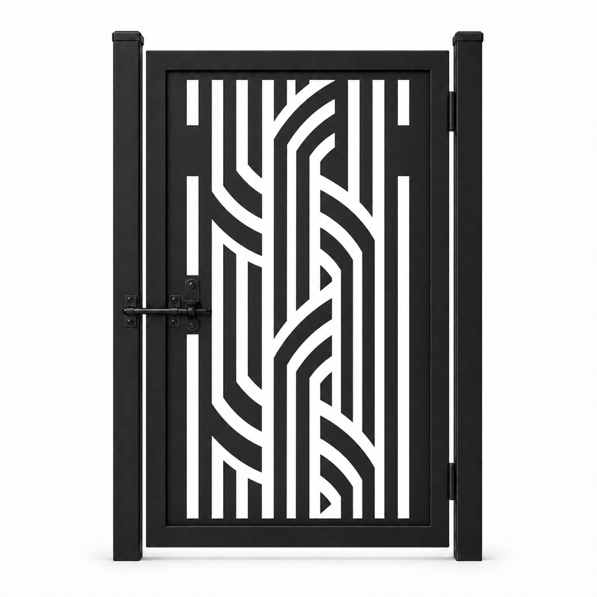 Design 099 vertical linear geometric black laser cut metal pedestrian gate closed view