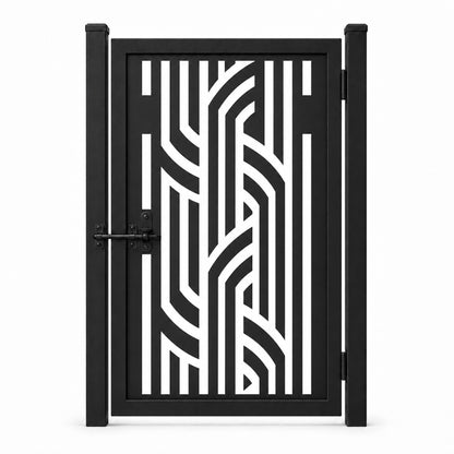 Design 099 vertical linear geometric black laser cut metal pedestrian gate closed view