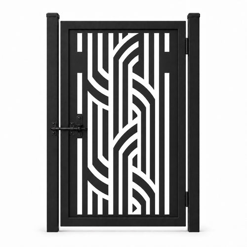 Design 099 vertical linear geometric black laser cut metal pedestrian gate closed view