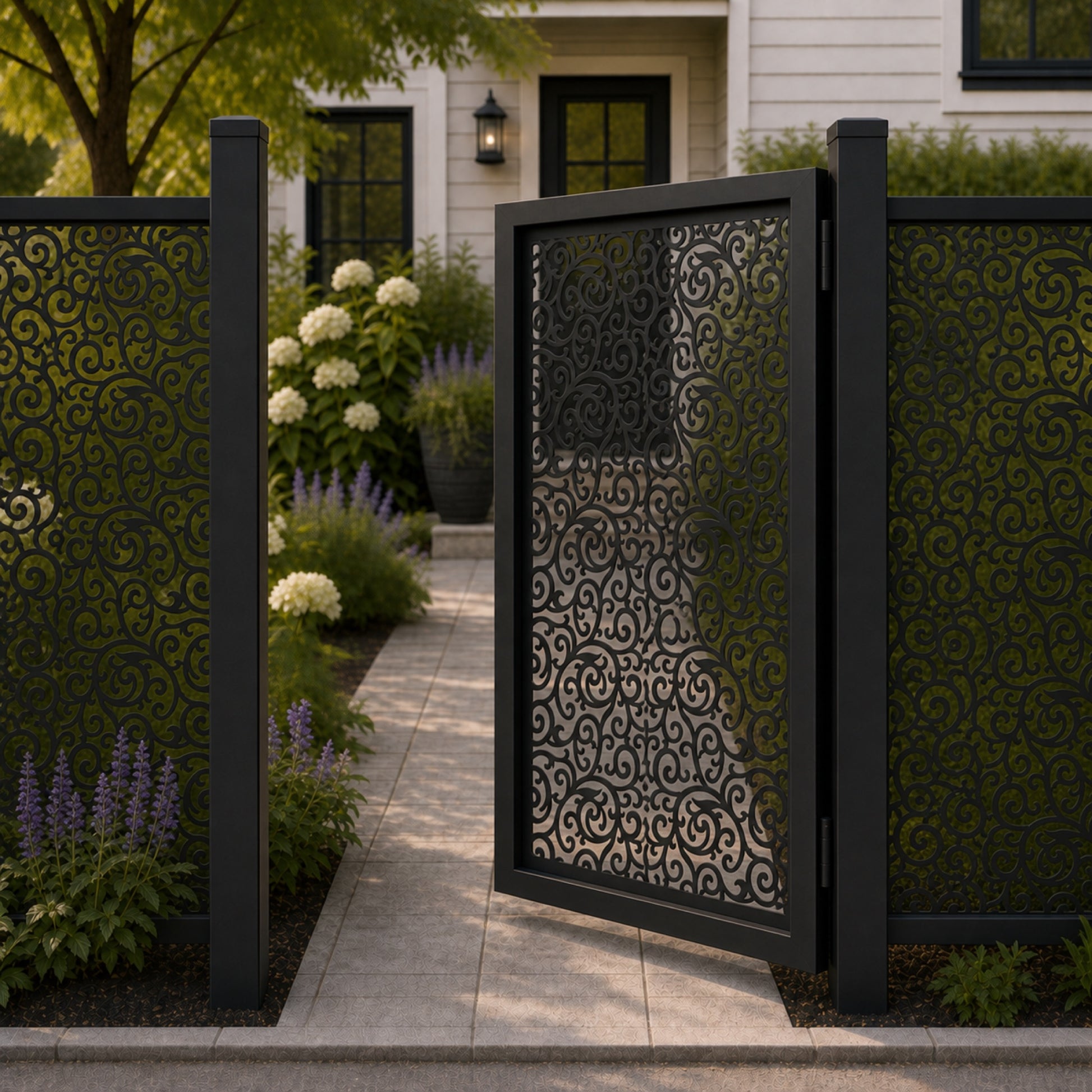 Design 100 allover small scrollwork black aluminium side gate open view