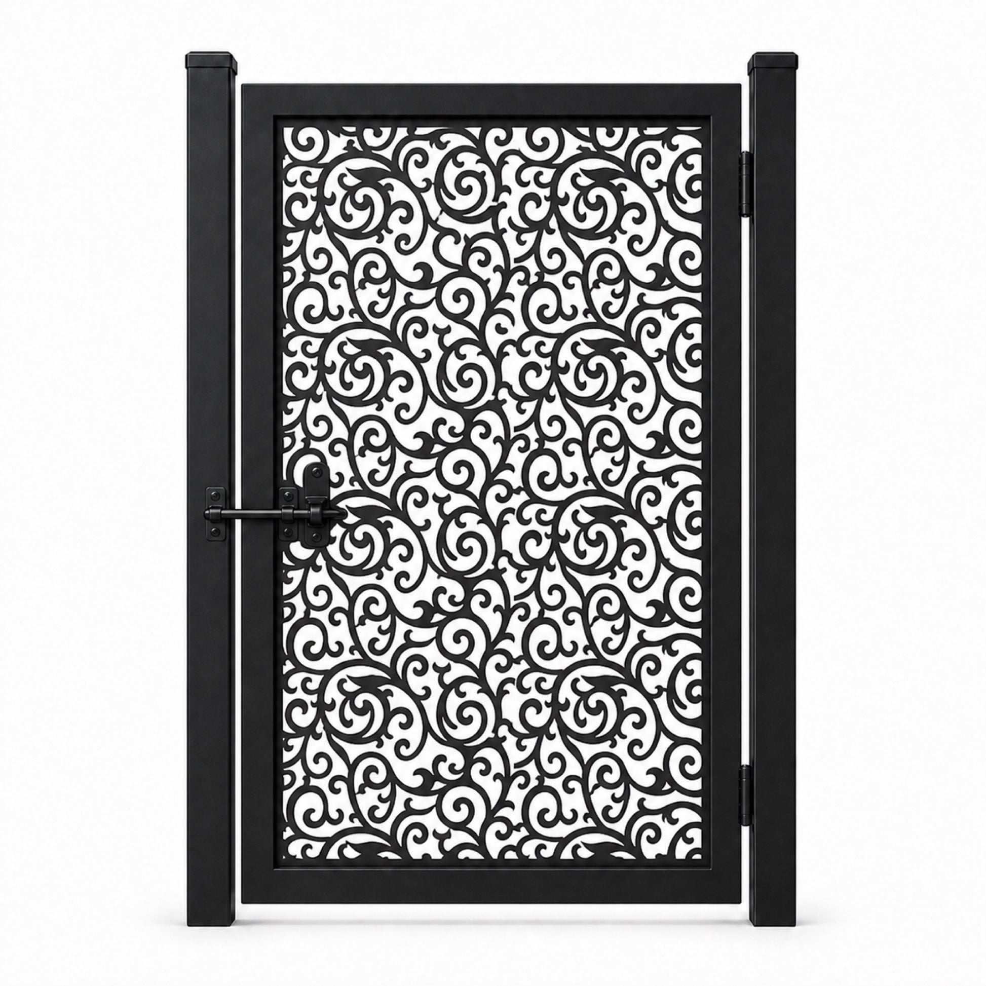 Design 100 allover small scrollwork black laser cut metal pedestrian gate closed view