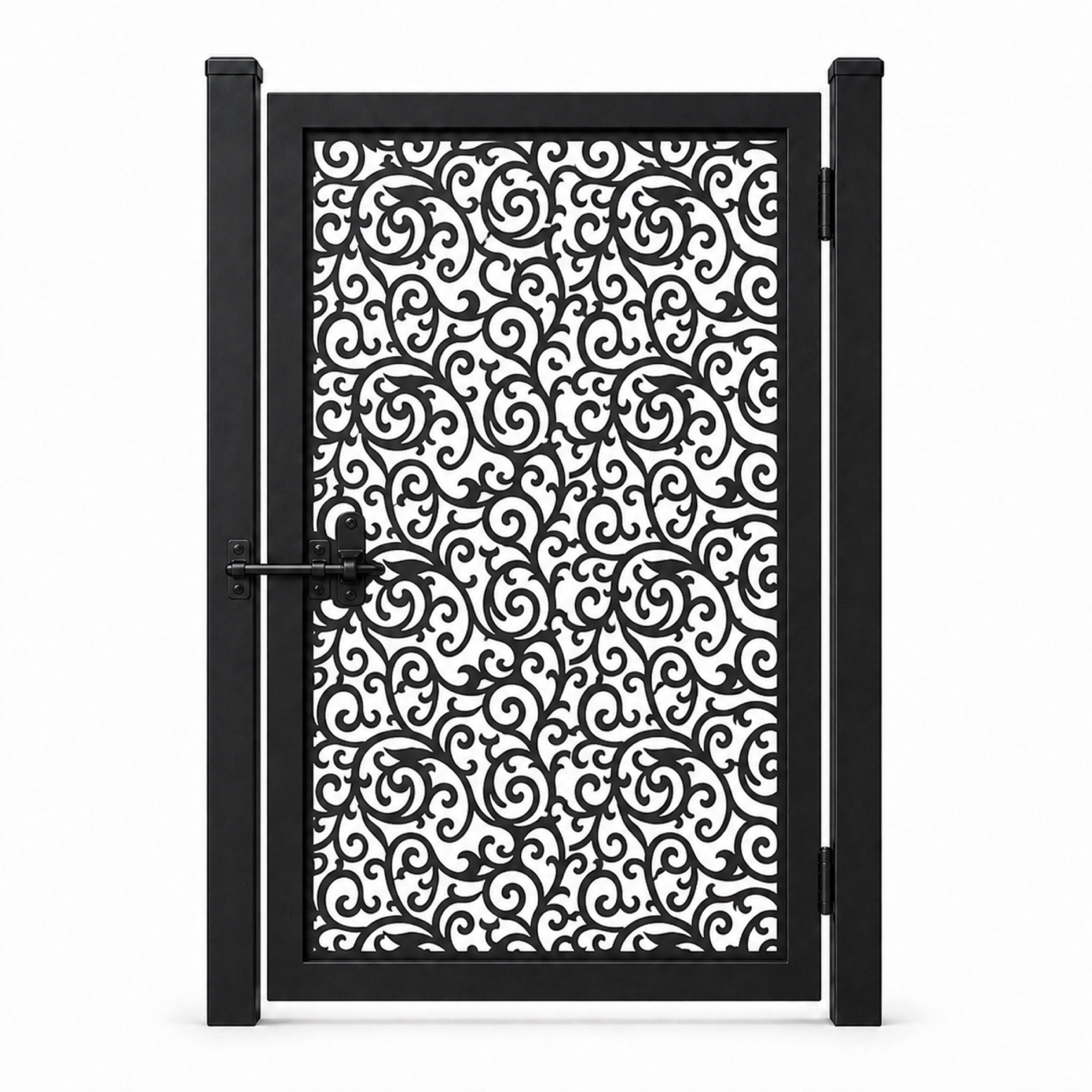 Design 100 allover small scrollwork black laser cut metal pedestrian gate closed view