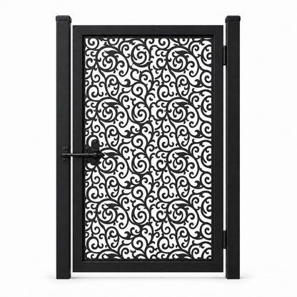 Design 100 allover small scrollwork black laser cut metal pedestrian gate closed view