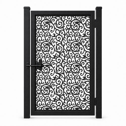 Design 100 allover small scrollwork black laser cut metal pedestrian gate closed view