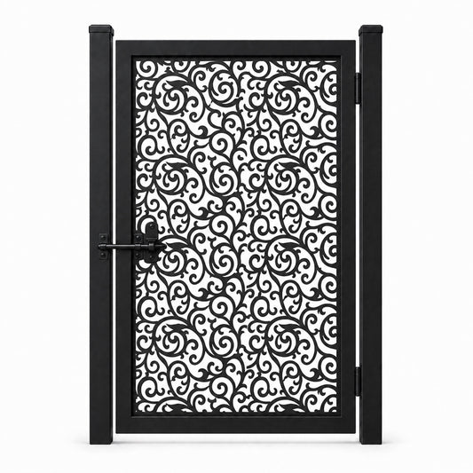 Design 100 allover small scrollwork black laser cut metal pedestrian gate closed view