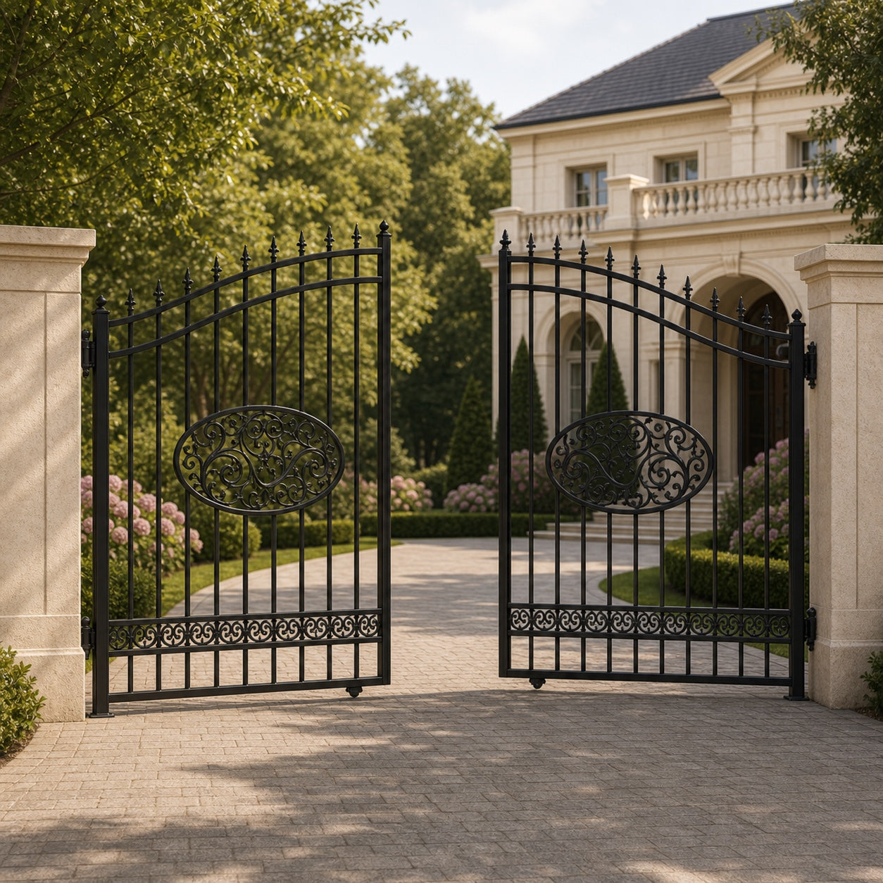 EONE Design 100 ornamental scrollwork driveway gate shown 30 degrees open for driveway entry view