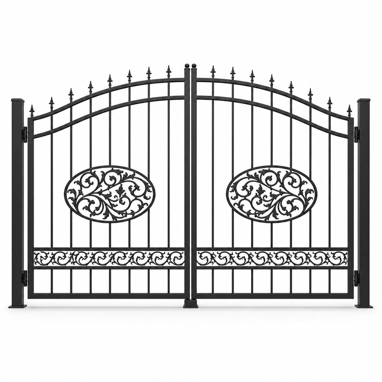 EONE Design 100 ornamental scrollwork driveway gate shown as a closed double swing estate driveway gate