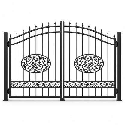 EONE Design 100 ornamental scrollwork driveway gate shown as a closed double swing estate driveway gate