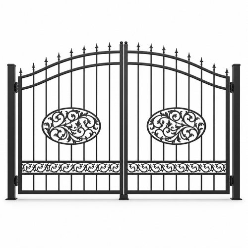 EONE Design 100 ornamental scrollwork driveway gate shown as a closed double swing estate driveway gate