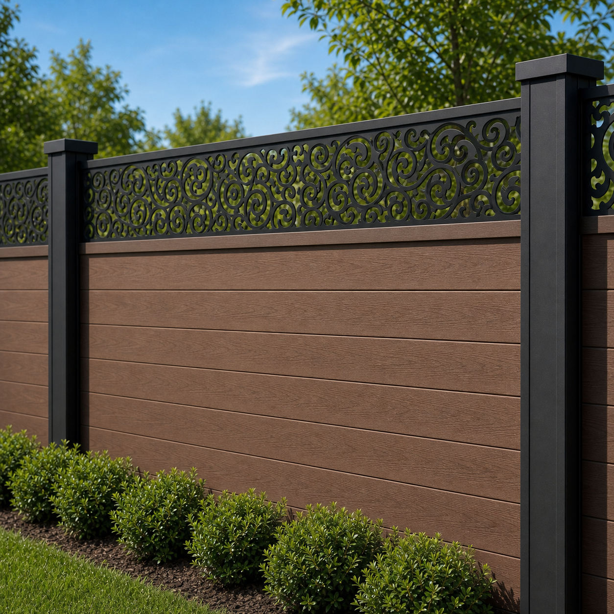 Spiral Lace Vine laser cut fence extension panel installed on composite fence, angle view, Design 100