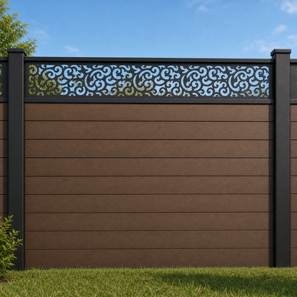 Spiral Lace Vine metal fence topper installed above WPC composite privacy fence, front view, Design 100