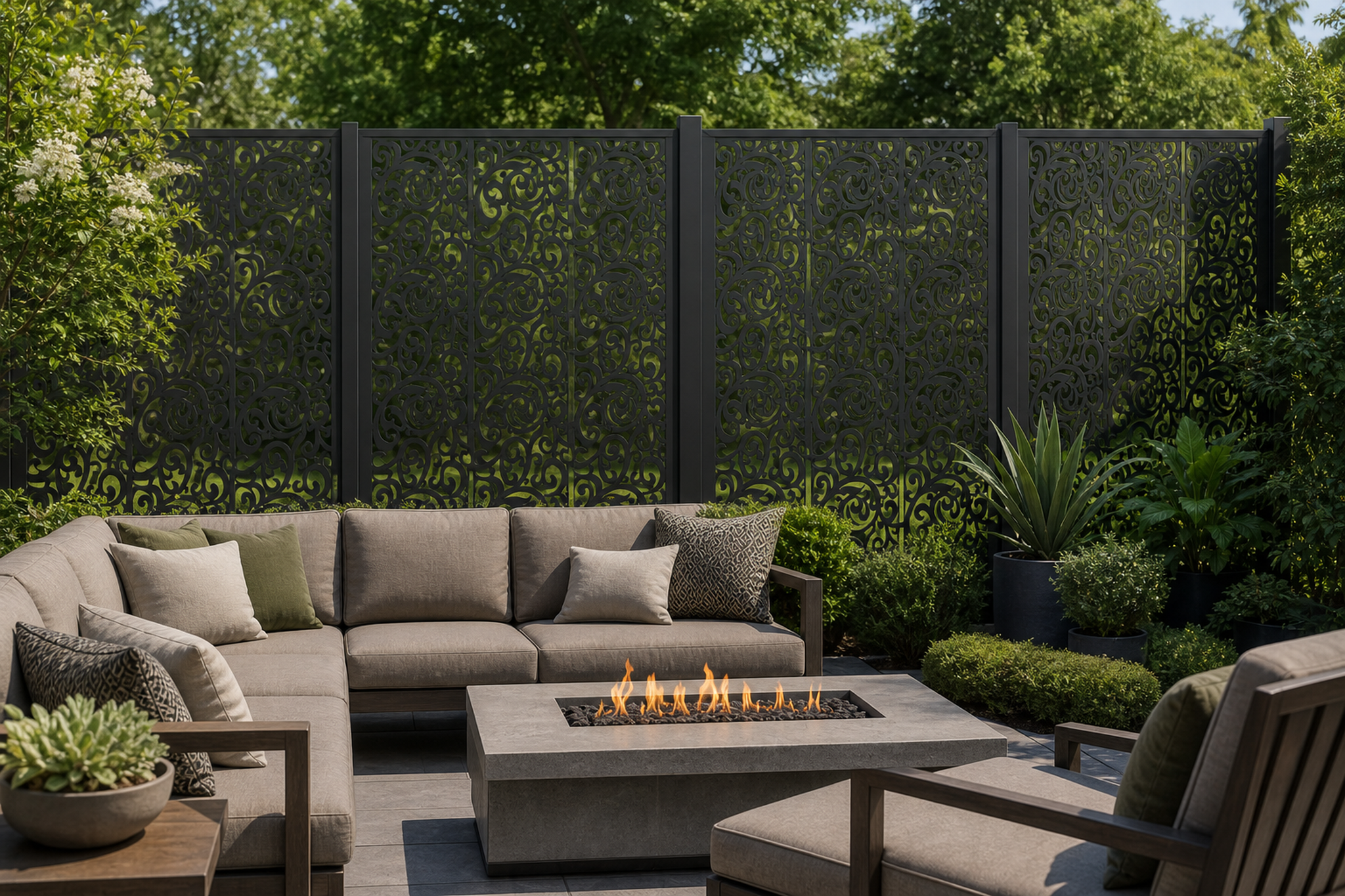 Design 100 Spiral Lace Vine Laser Cut Metal Privacy Screen Panel installed garden daylight view