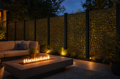 Design 100 Spiral Lace Vine Laser Cut Metal Privacy Screen Panel installed garden night lighting view