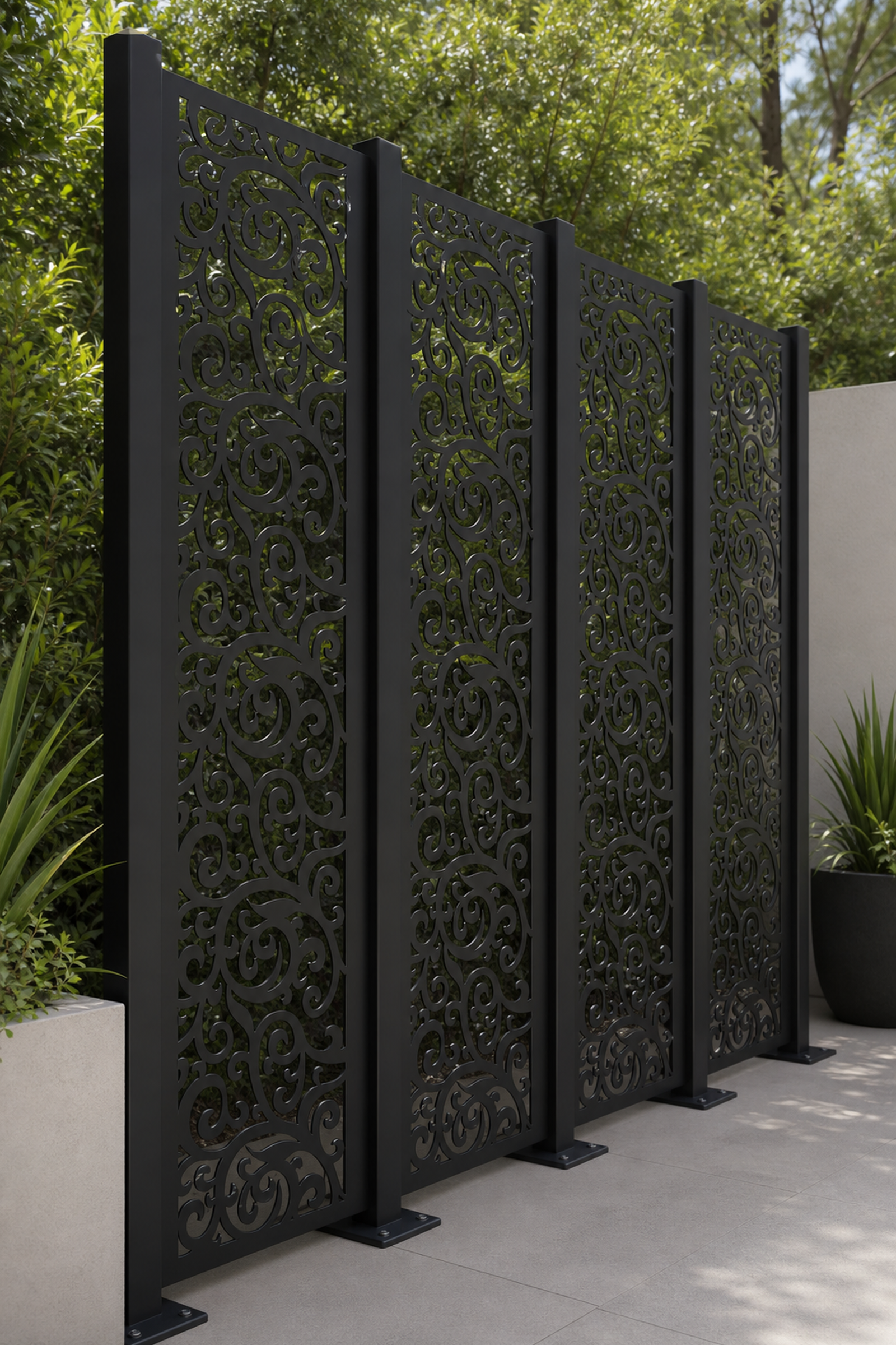 Design 100 Spiral Lace Vine Laser Cut Metal Privacy Screen Panel oblique angle view
