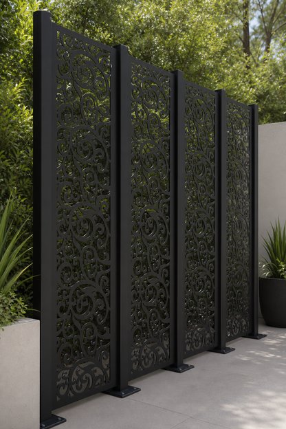 Design 100 Spiral Lace Vine Laser Cut Metal Privacy Screen Panel oblique angle view