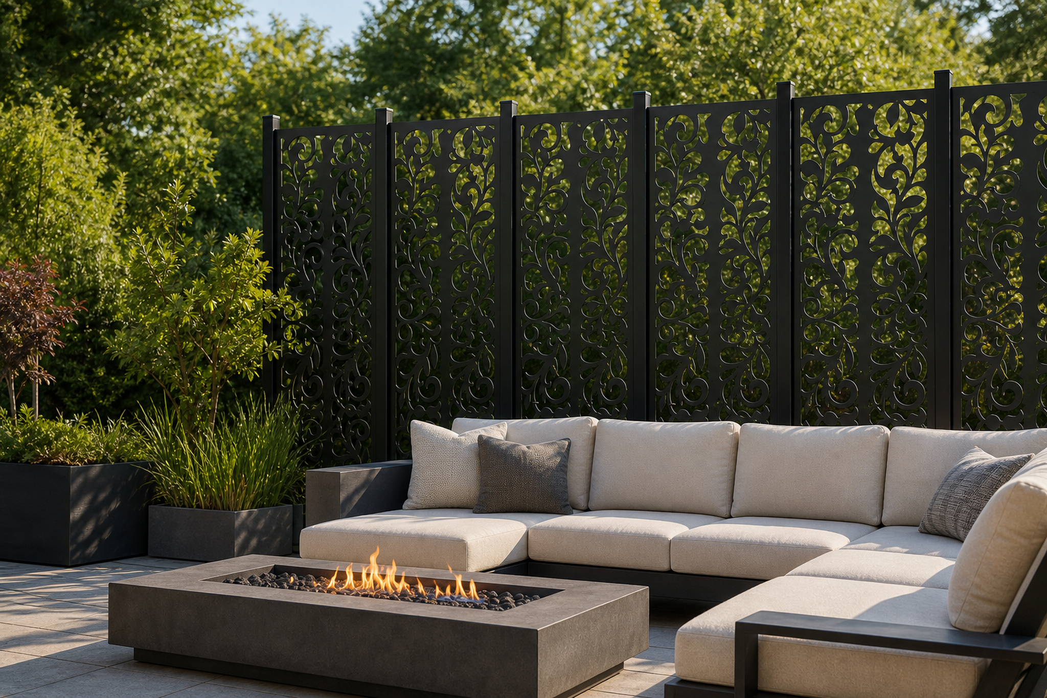 Design 101 Floral Scroll Column Laser Cut Metal Privacy Screen Panel installed garden daylight view