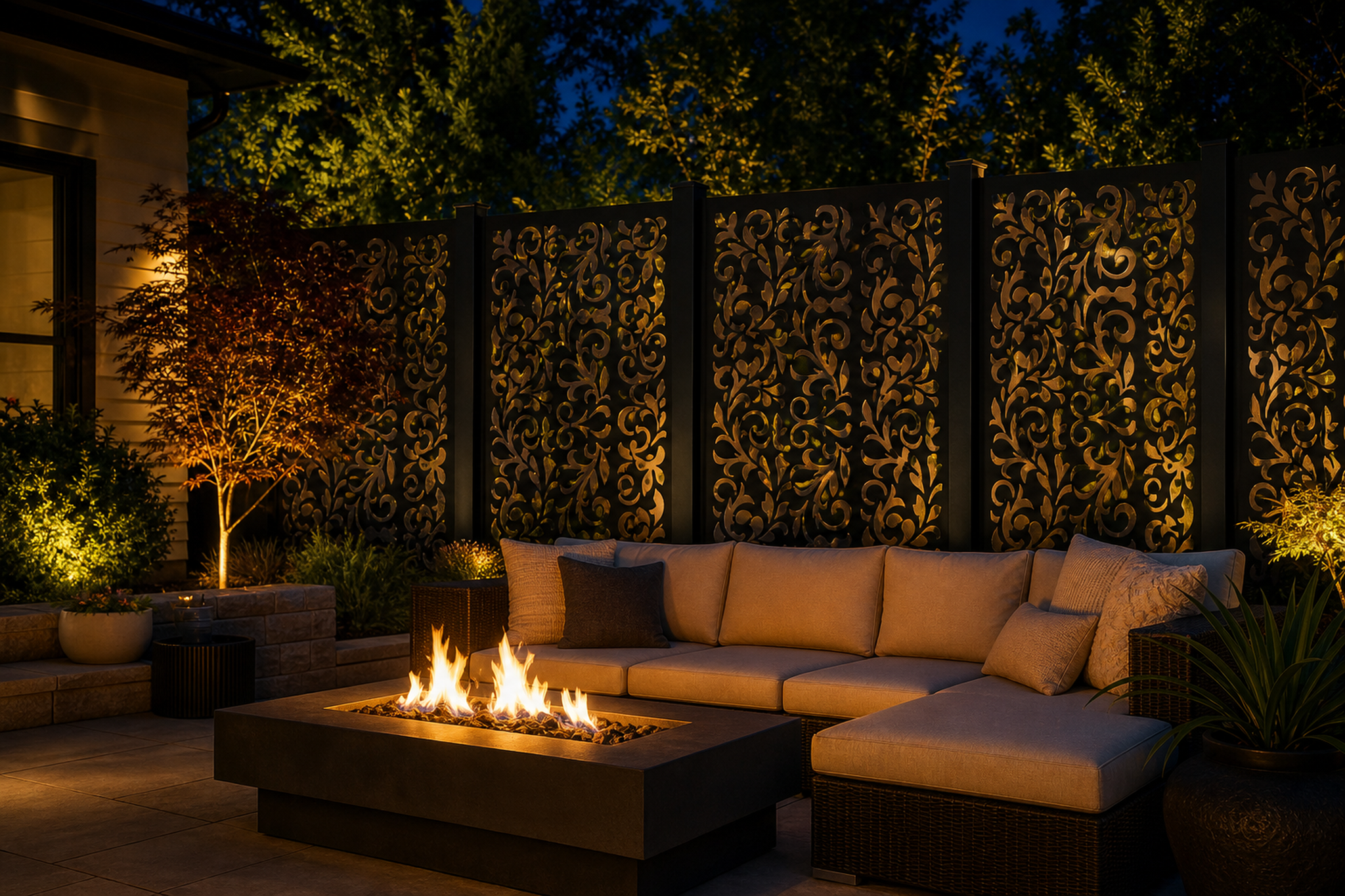 Design 101 Floral Scroll Column Laser Cut Metal Privacy Screen Panel installed garden night lighting view