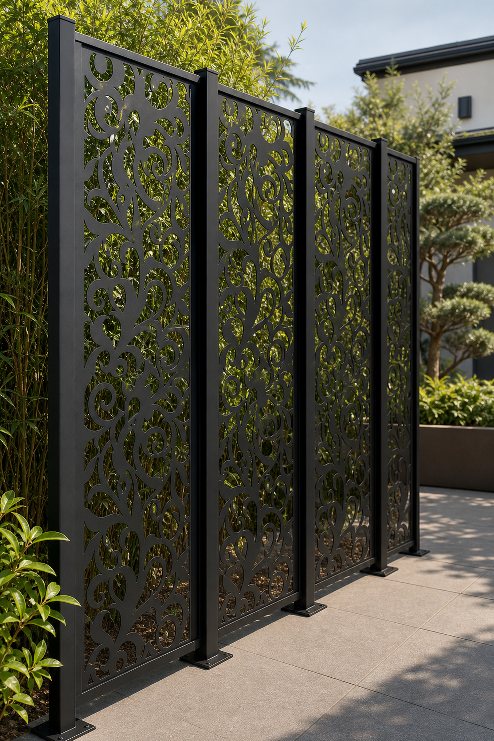 Design 101 Floral Scroll Column Laser Cut Metal Privacy Screen Panel oblique angle view