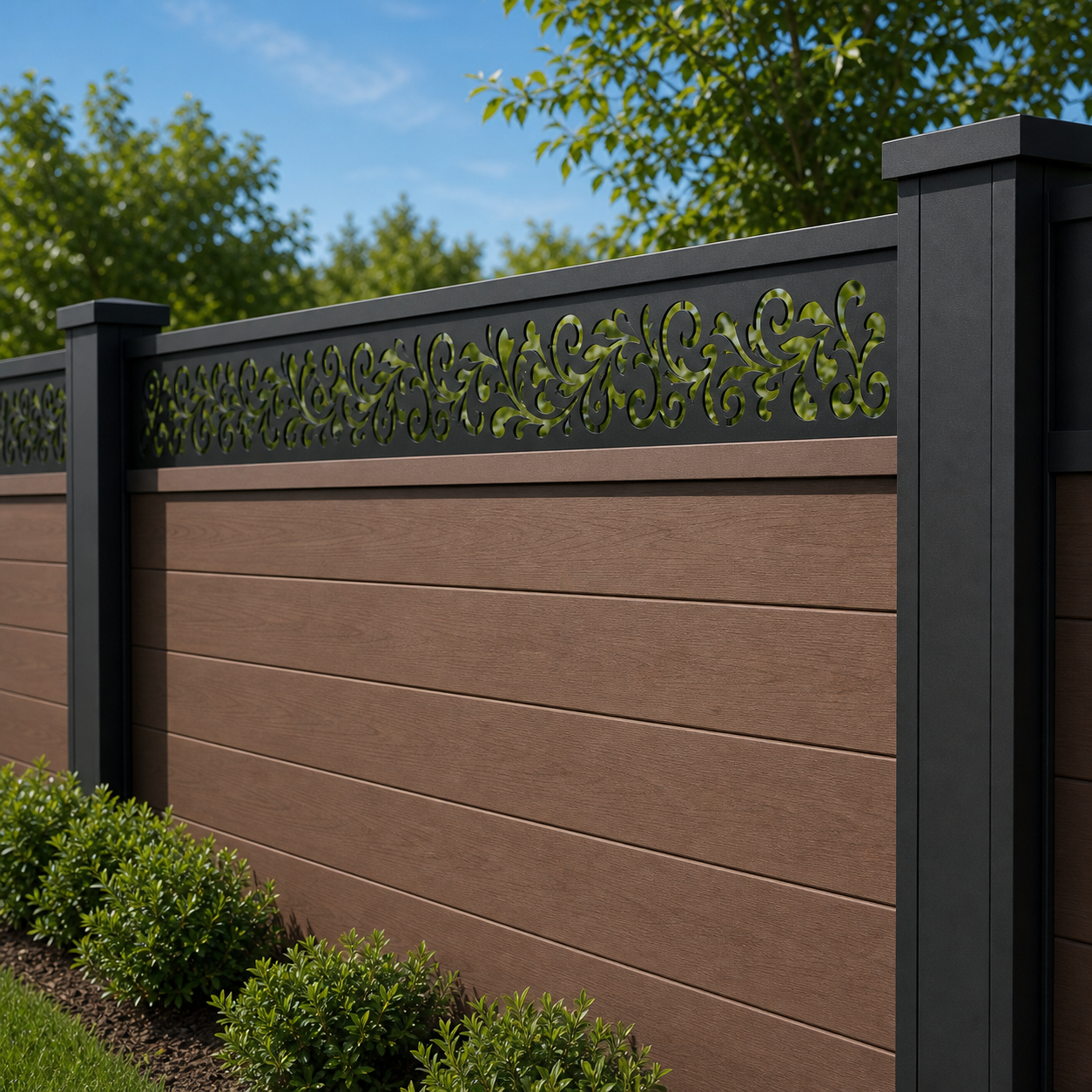 Slim Floral Vine laser cut fence extension panel installed on composite fence, angle view, Design 101