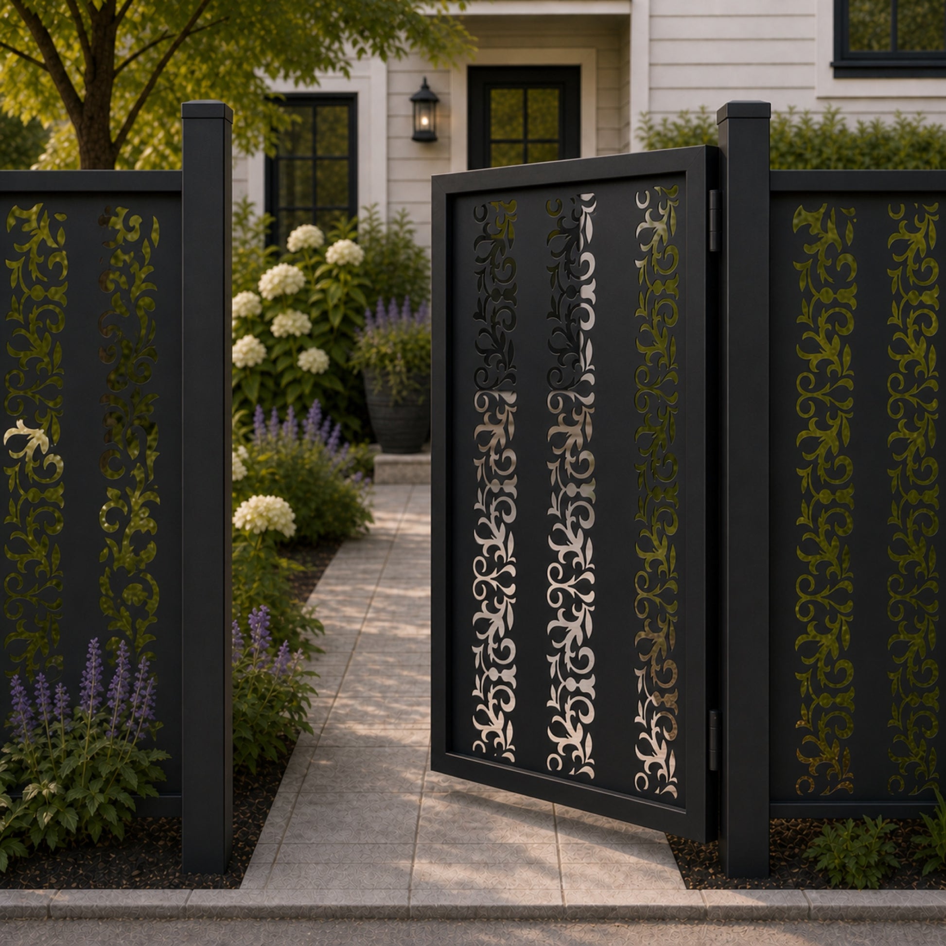 Design 101 vertical vine floral black aluminium side gate open view