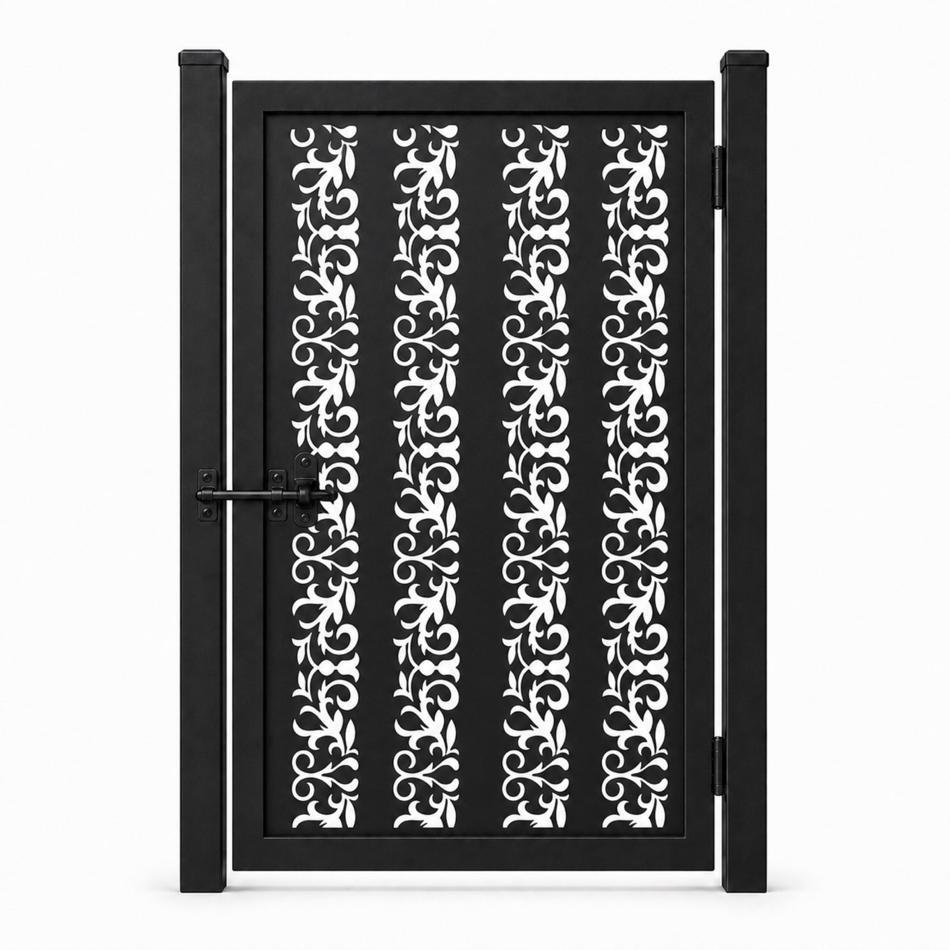 Design 101 vertical vine floral black laser cut metal pedestrian gate closed view