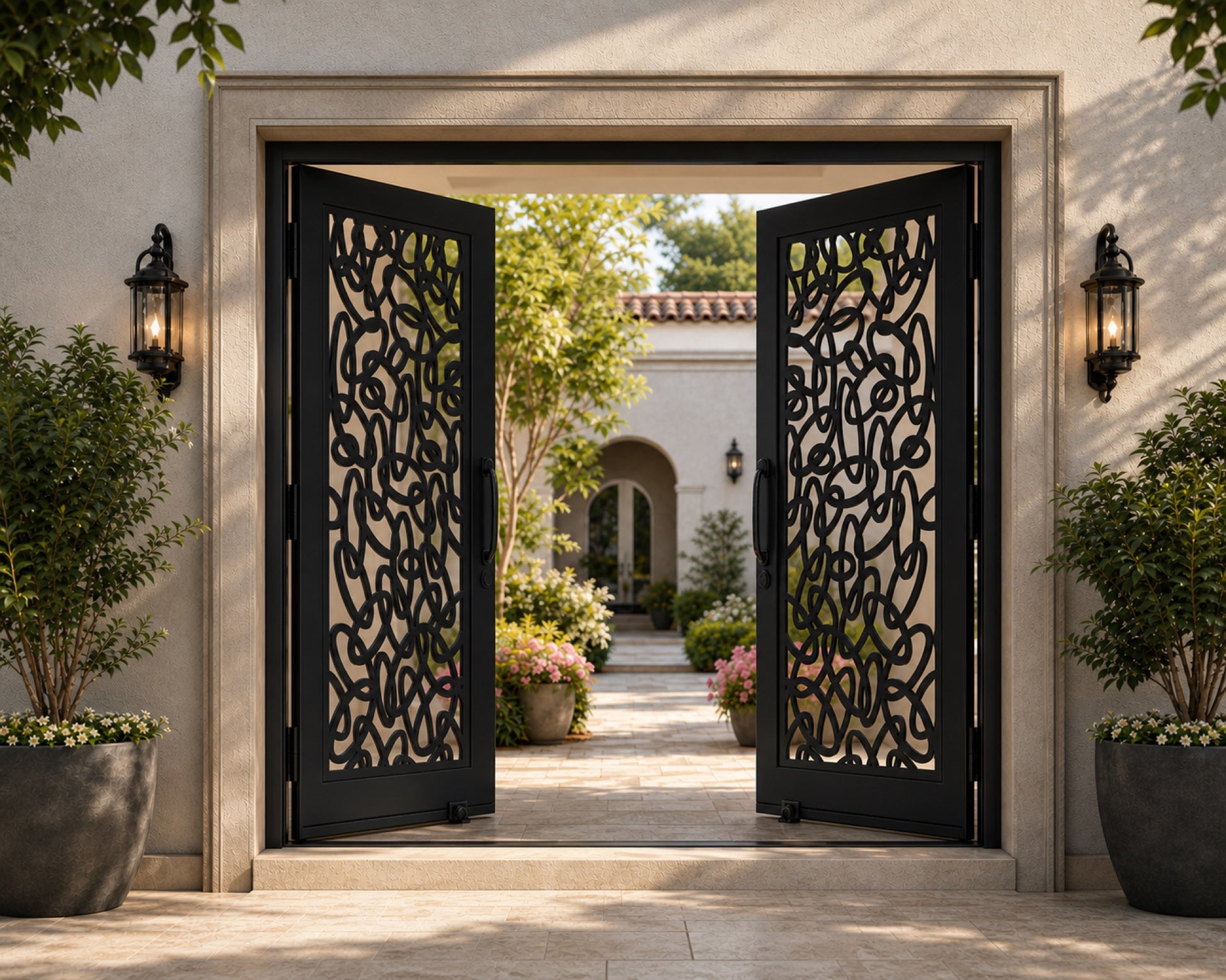 EONE Design 102 custom villa courtyard gate with abstract ribbon loop pattern shown open in a luxury entrance scene