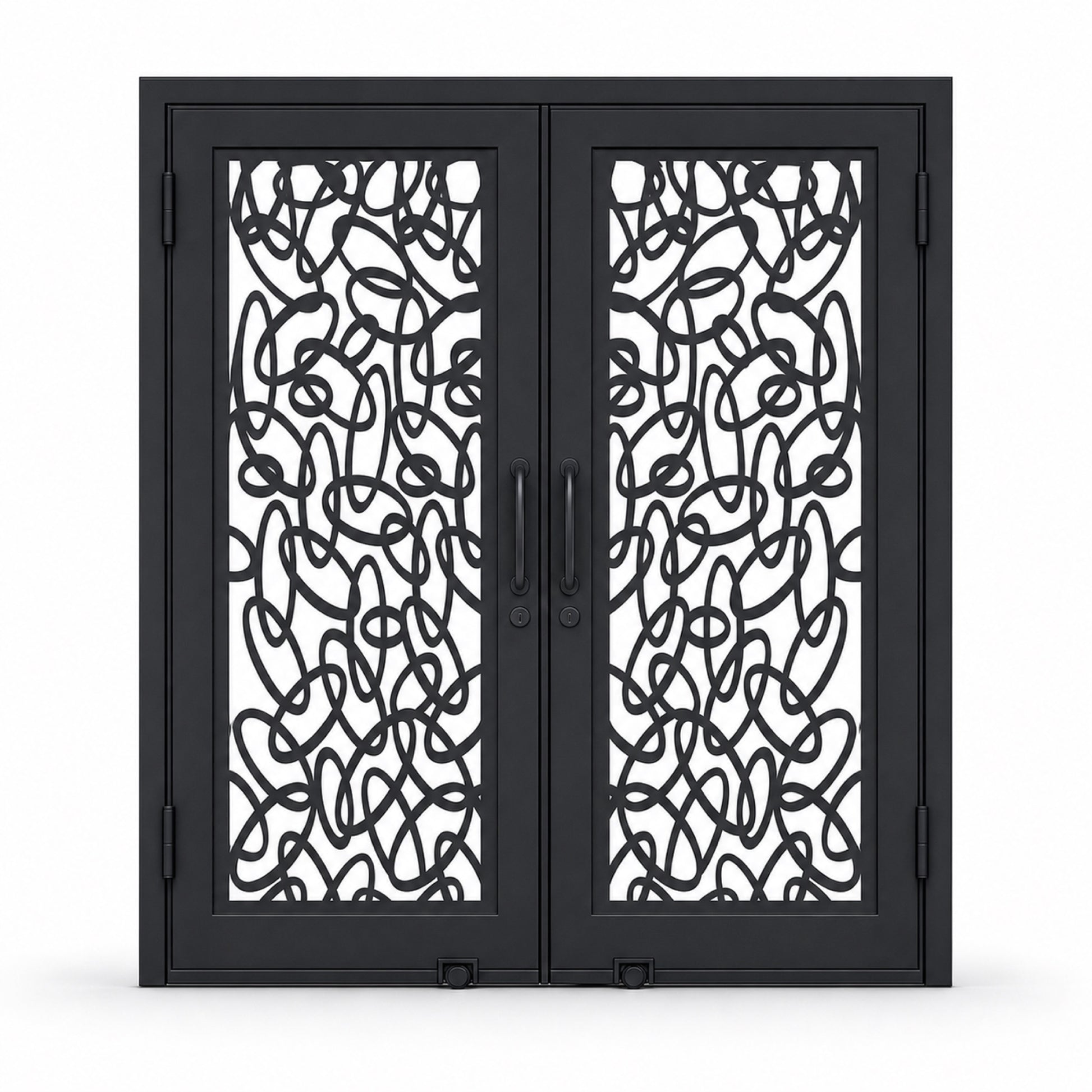 EONE Design 102 luxury double entry gate with abstract ribbon loop pattern shown closed on white background
