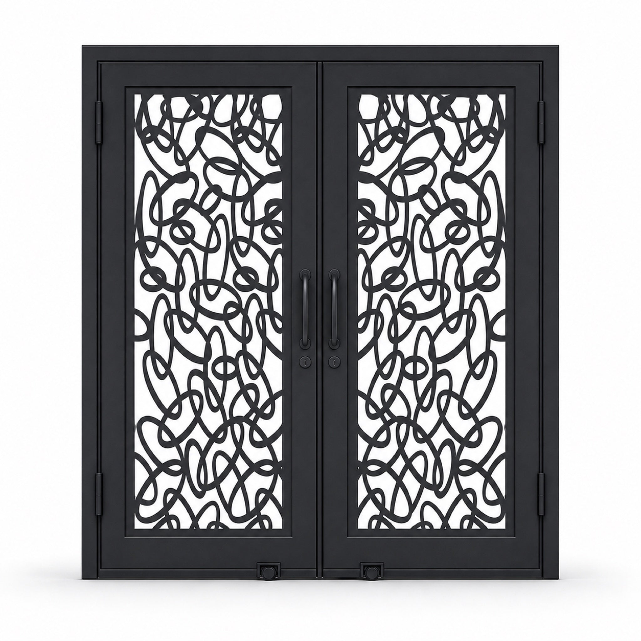 EONE Design 102 luxury double entry gate with abstract ribbon loop pattern shown closed on white background