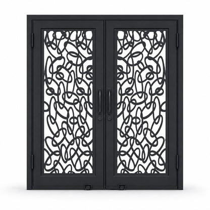 EONE Design 102 luxury double entry gate with abstract ribbon loop pattern shown closed on white background