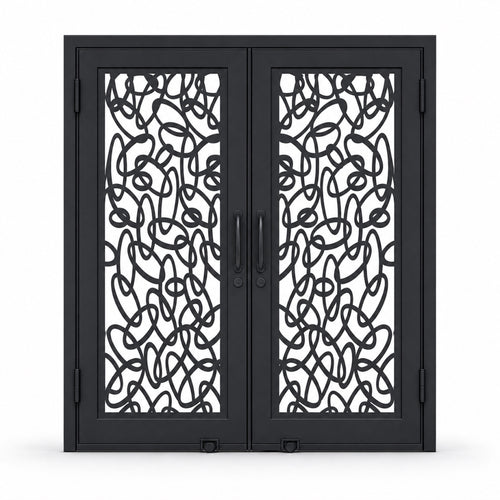 EONE Design 102 luxury double entry gate with abstract ribbon loop pattern shown closed on white background