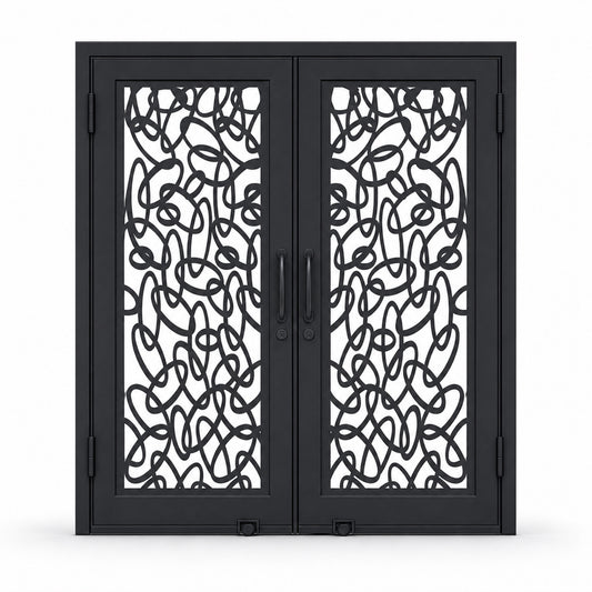 EONE Design 102 luxury double entry gate with abstract ribbon loop pattern shown closed on white background
