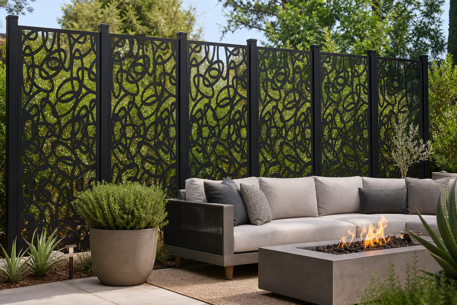 Design 102 Abstract Loop Vines Laser Cut Metal Privacy Screen Panel installed garden daylight view