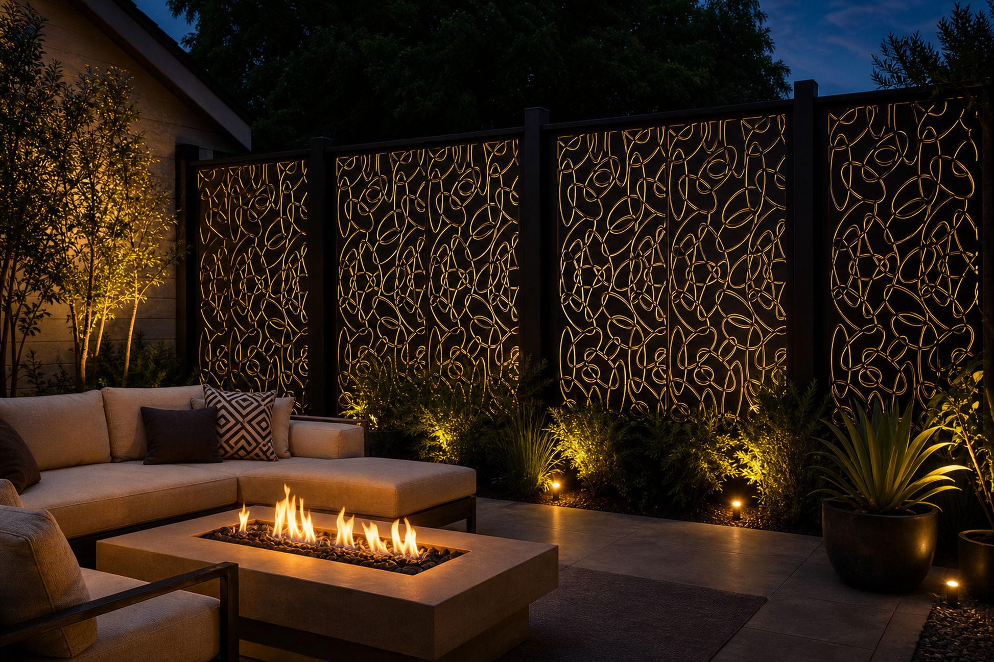 Design 102 Abstract Loop Vines Laser Cut Metal Privacy Screen Panel installed garden night lighting view
