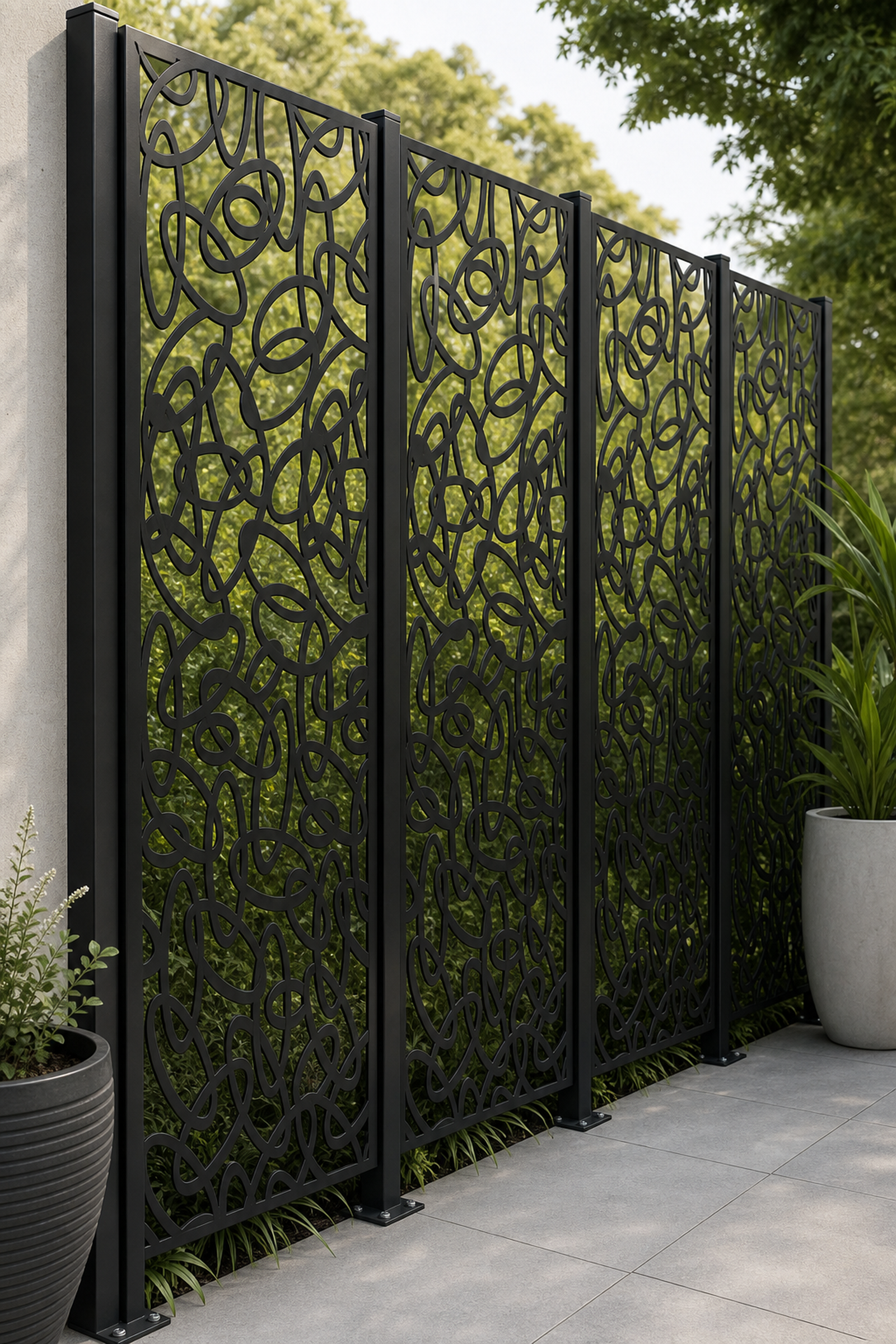 Design 102 Abstract Loop Vines Laser Cut Metal Privacy Screen Panel oblique angle view