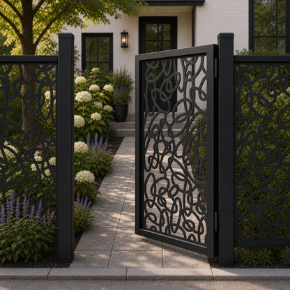 Design 102 abstract overlapping loop black aluminium side gate open view