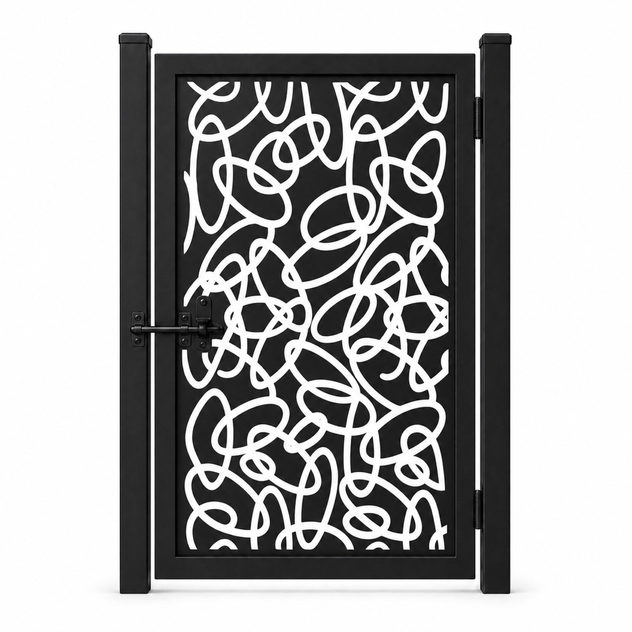 Design 102 abstract overlapping loop black laser cut metal pedestrian gate closed view