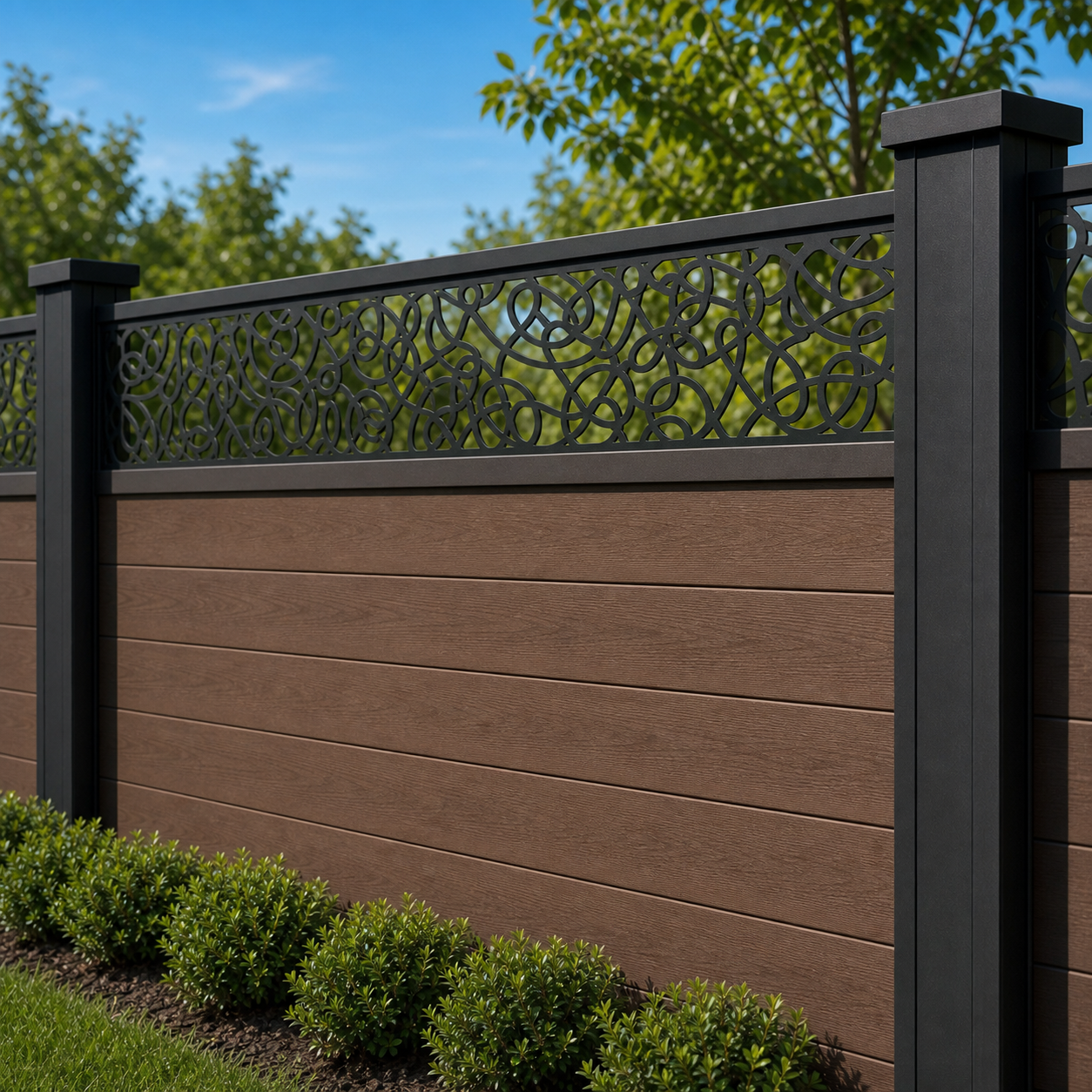 Open Scroll Tendril laser cut fence extension panel installed on composite fence, angle view, Design 102