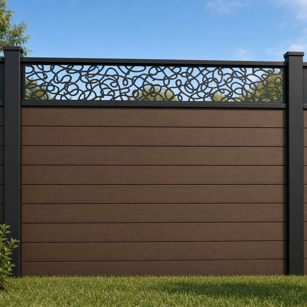 Open Scroll Tendril metal fence topper installed above WPC composite privacy fence, front view, Design 102