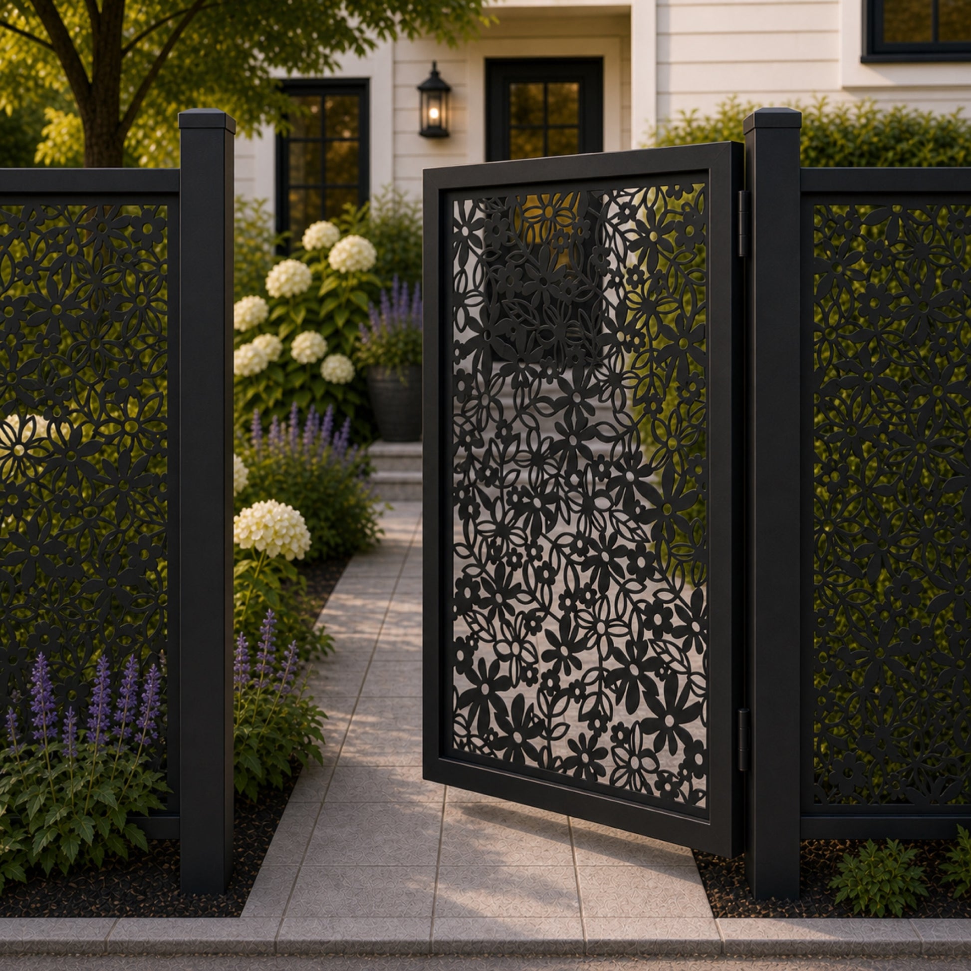Design 103 allover daisy floral leaf black aluminium side gate open view