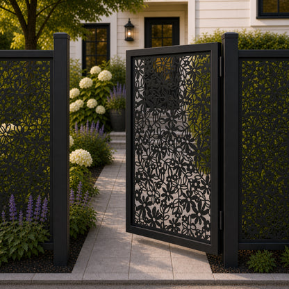 Design 103 allover daisy floral leaf black aluminium side gate open view