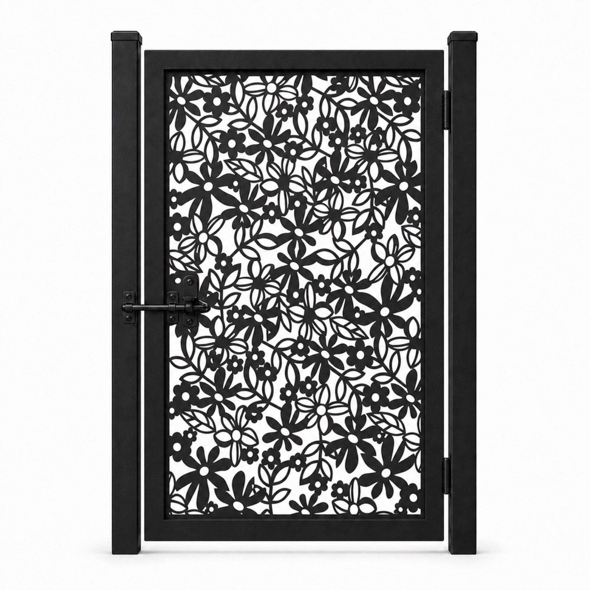 Design 103 allover daisy floral leaf black laser cut metal pedestrian gate closed view