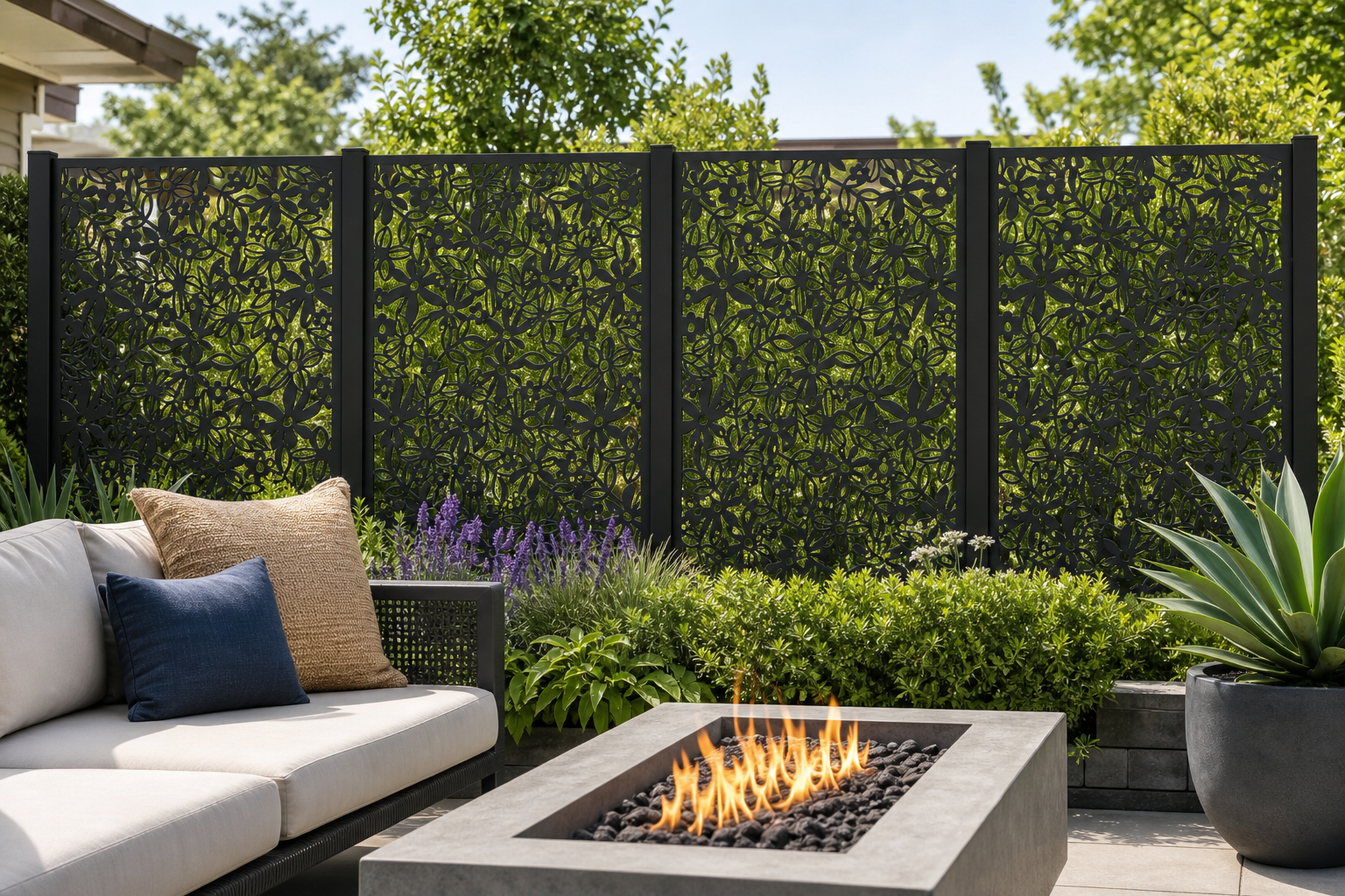 Design 103 Dense Garden Blooms Laser Cut Metal Privacy Screen Panel installed garden daylight view
